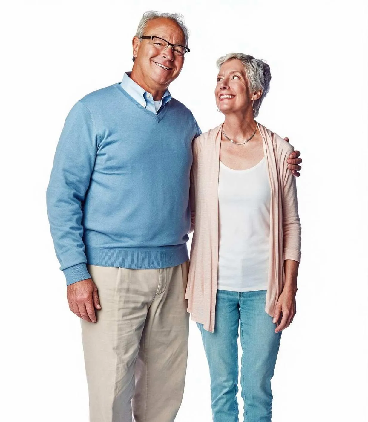 Retired couple standing side by side, thinking about their Medicare choices